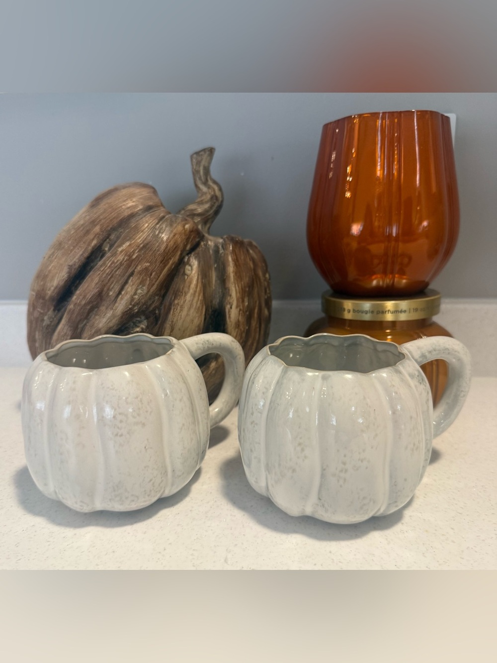 Anthropology White Ceramic Pumpkin Mugs — Set of 2